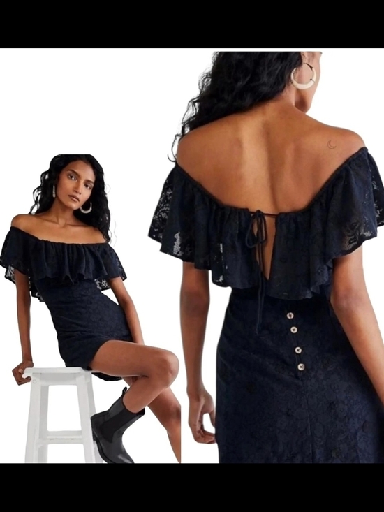 Free People Dresses & Skirts - Free People Black Off-Shoulder Lace Mini Dress with Ruffle